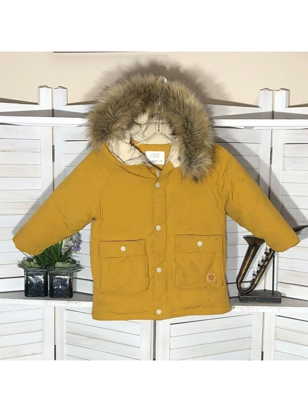 Zara kids puffer jacket faux fur hood pocket snowproof ski resort hiking outdoor
